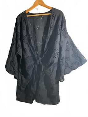 Boston Proper Black Eyelet Kimono/Swimsuit Coverup Sleeve Open Front Top Size XL